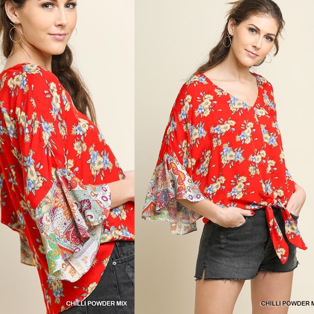 UMGEE Floral Contrast Tie Front Top
